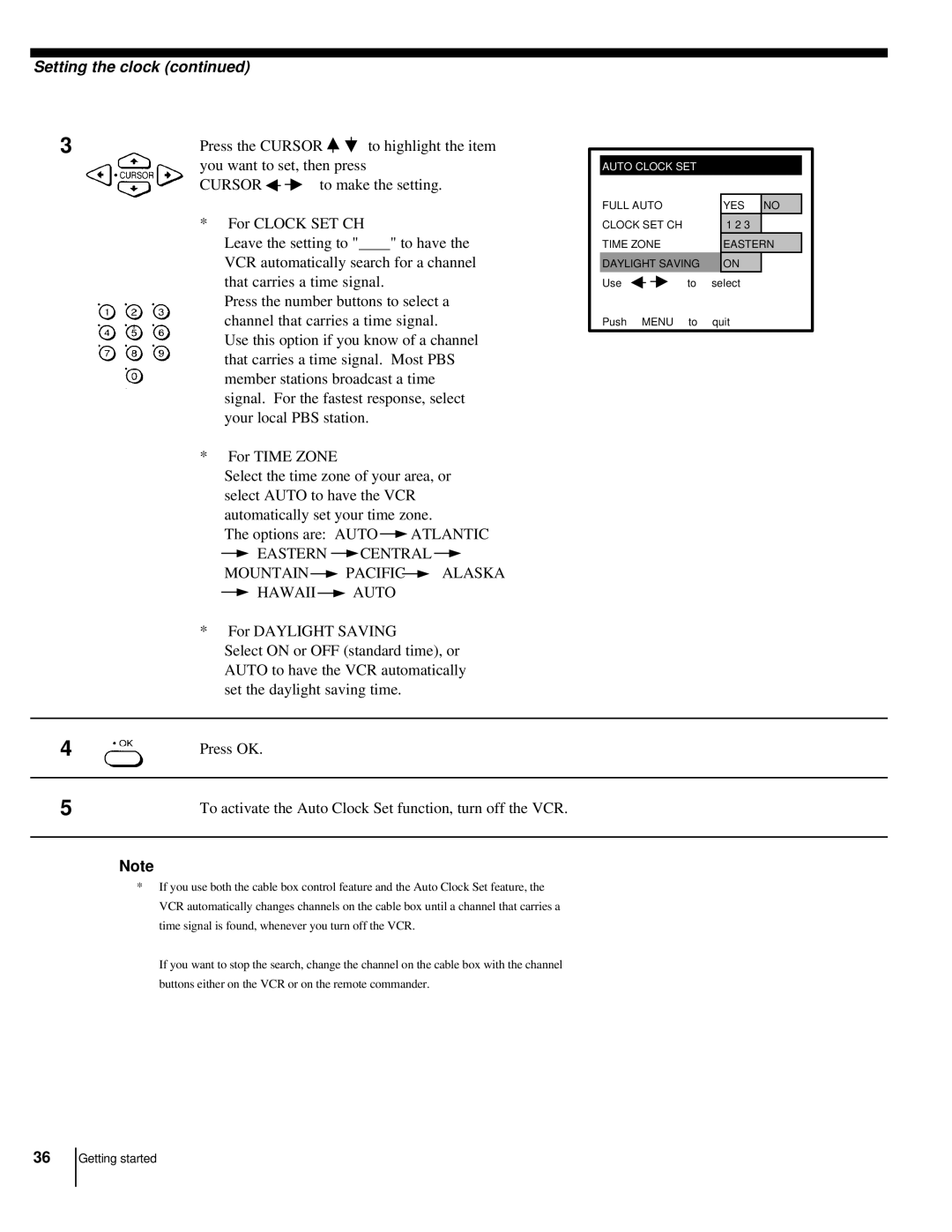 Sony CS SLV-998HF MX manual Cursor, Mountain Pacific Alaska Hawaii Auto 