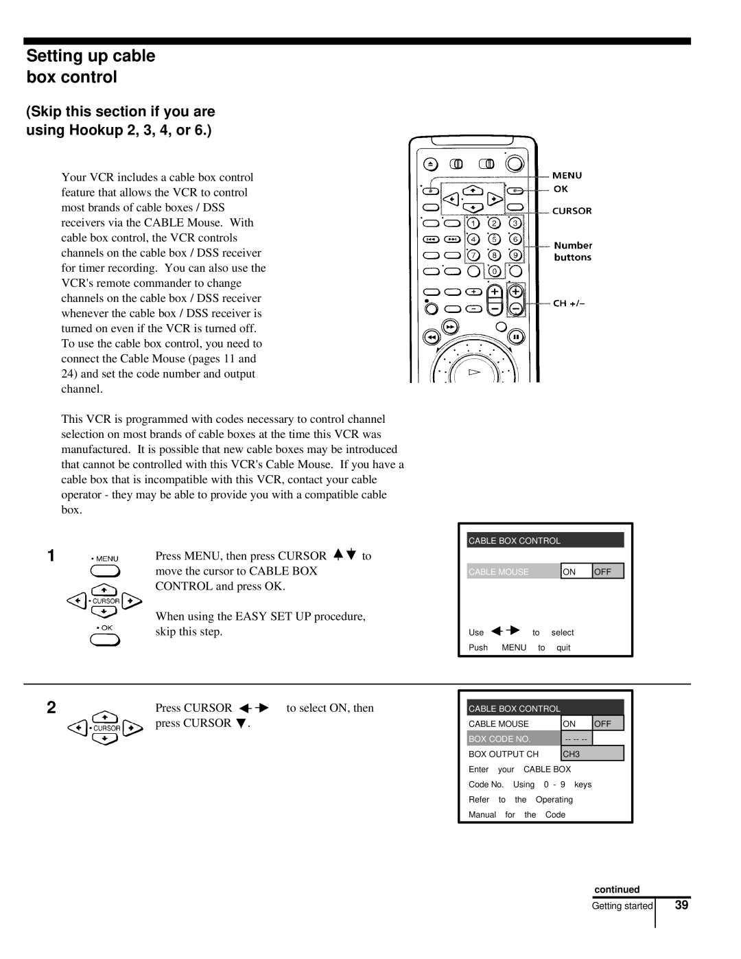 Sony CS SLV-998HF MX manual Setting up cable box control, Skip this section if you are using Hookup 2, 3, 4, or 