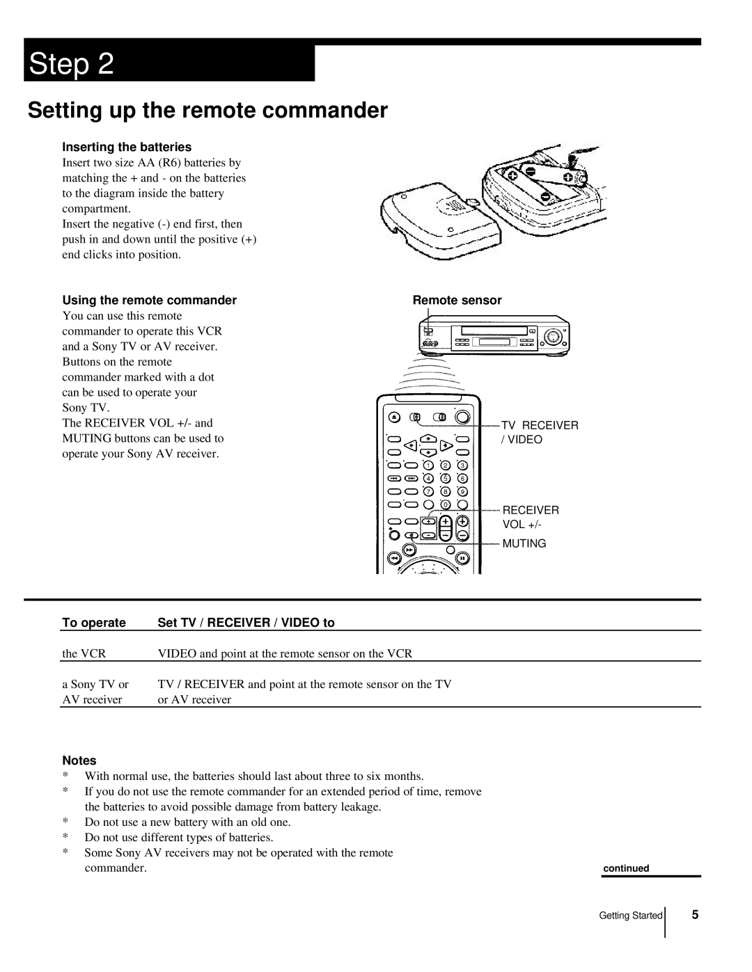 Sony CS SLV-998HF MX manual Inserting the batteries, Using the remote commander, Remote sensor 