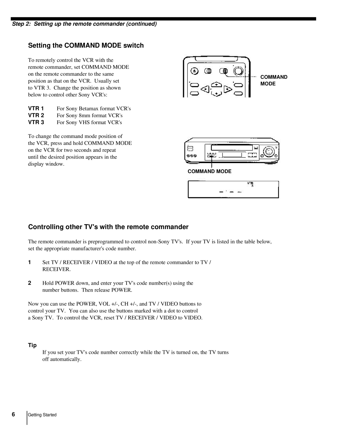 Sony SLV-998HF manual Setting the Command Mode switch, Controlling other TVs with the remote commander, Receiver, Tip 