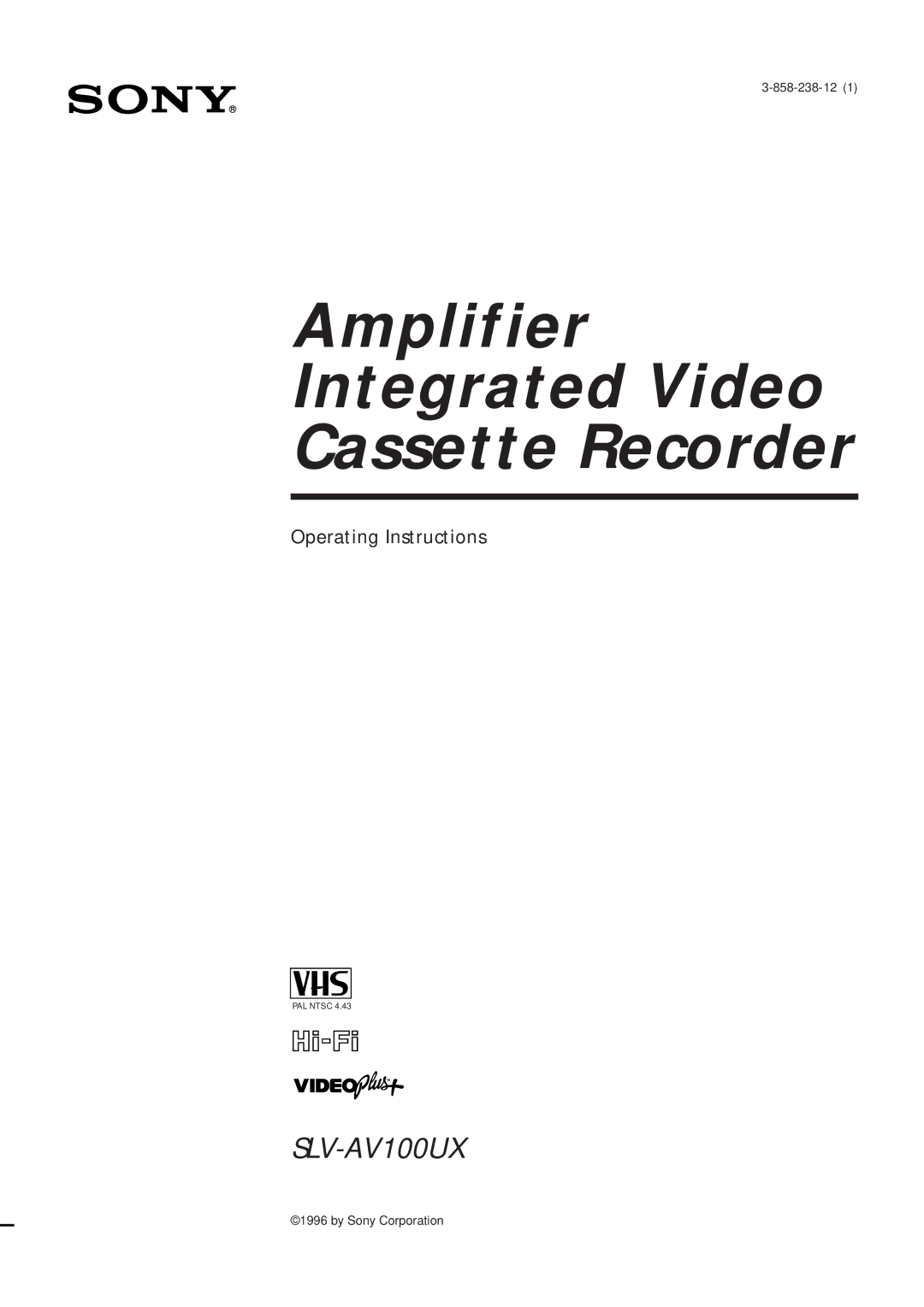 Sony SLV-AV100UX operating instructions Amplifier Integrated Video Cassette Recorder 