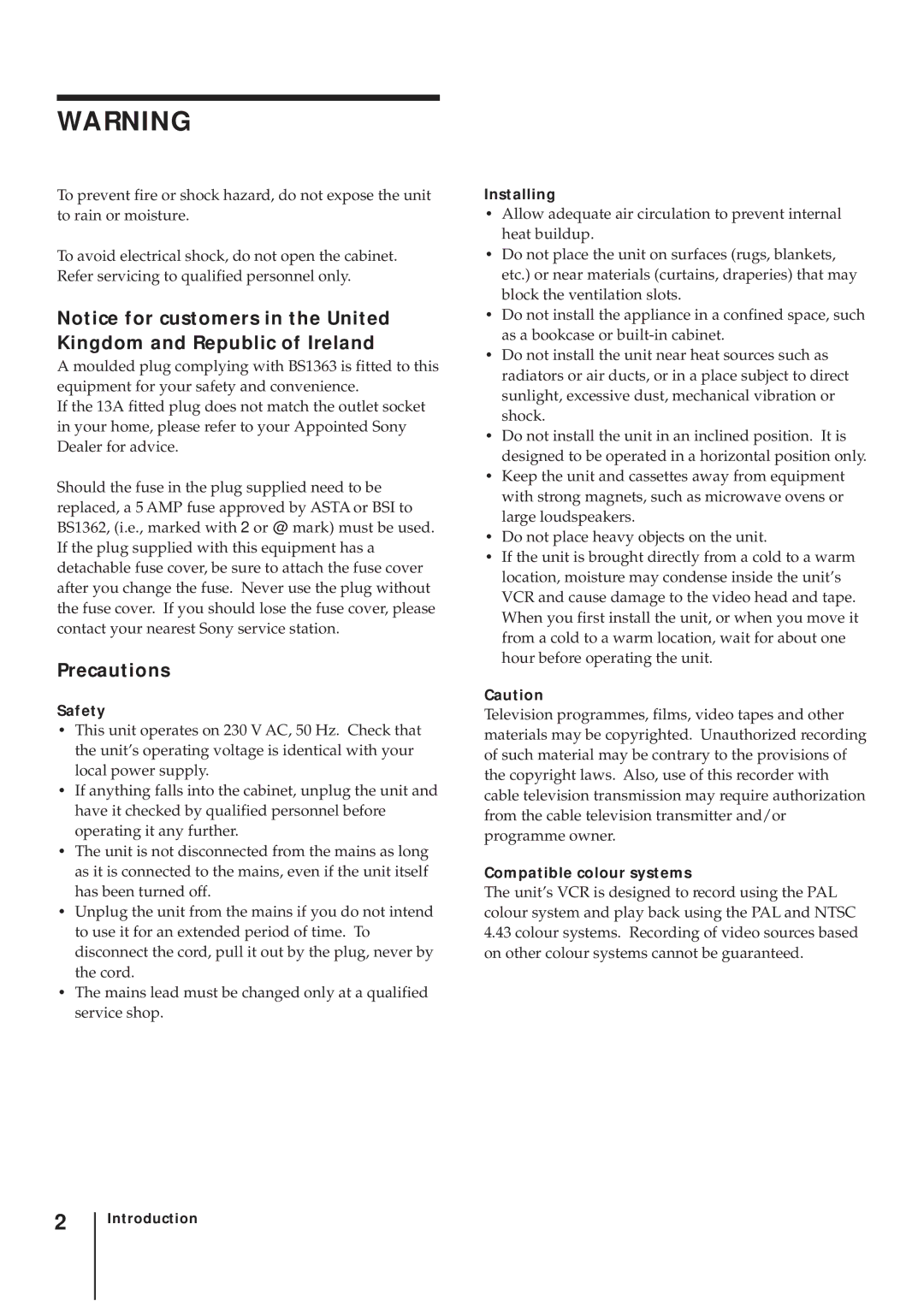 Sony SLV-AV100UX operating instructions Precautions, Safety, Installing, Compatible colour systems 