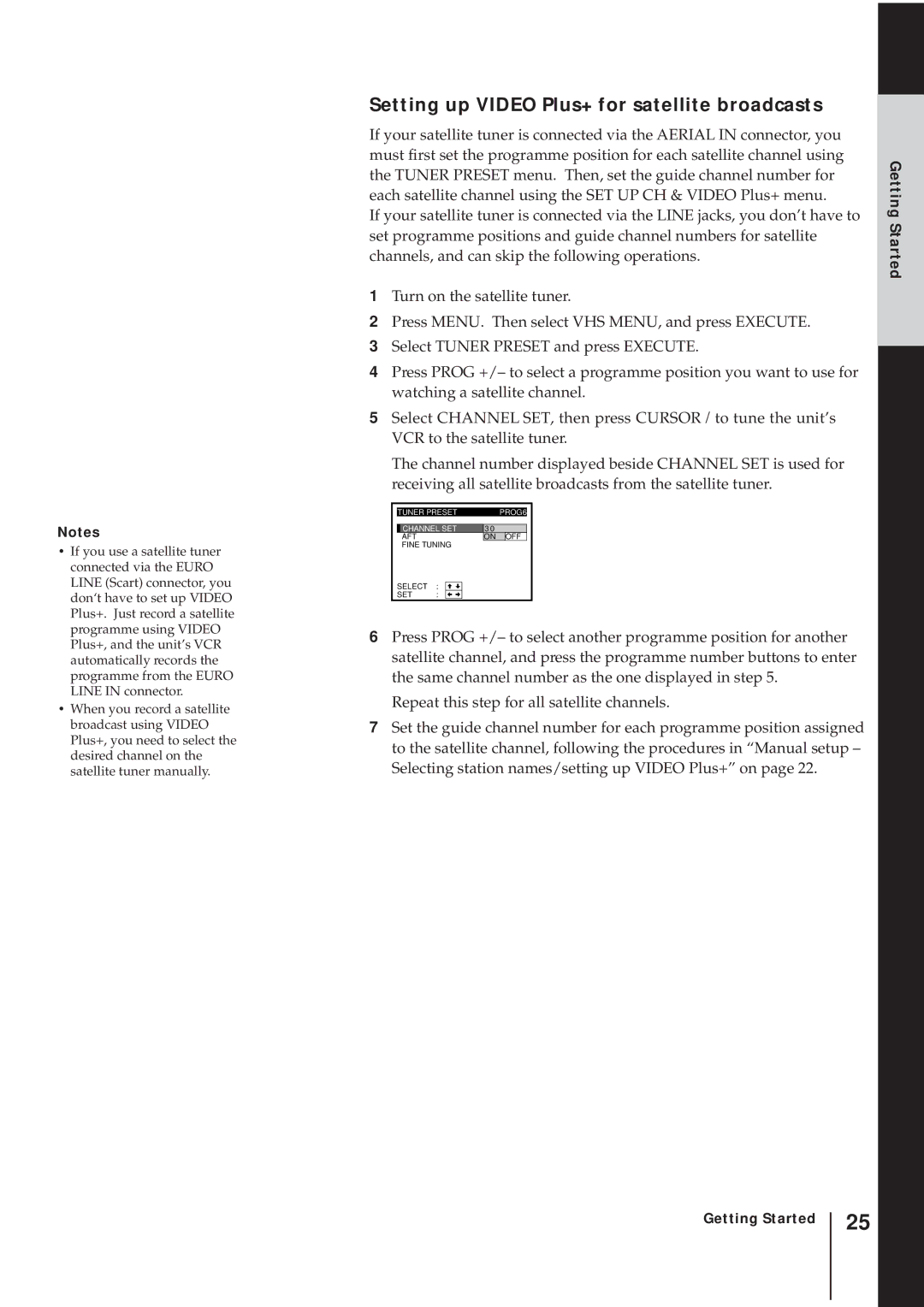 Sony SLV-AV100UX operating instructions Setting up Video Plus+ for satellite broadcasts 