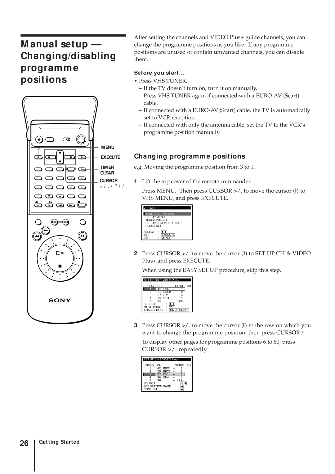 Sony SLV-AV100UX Manual setup -- Changing/disabling programme positions, Changing programme positions 