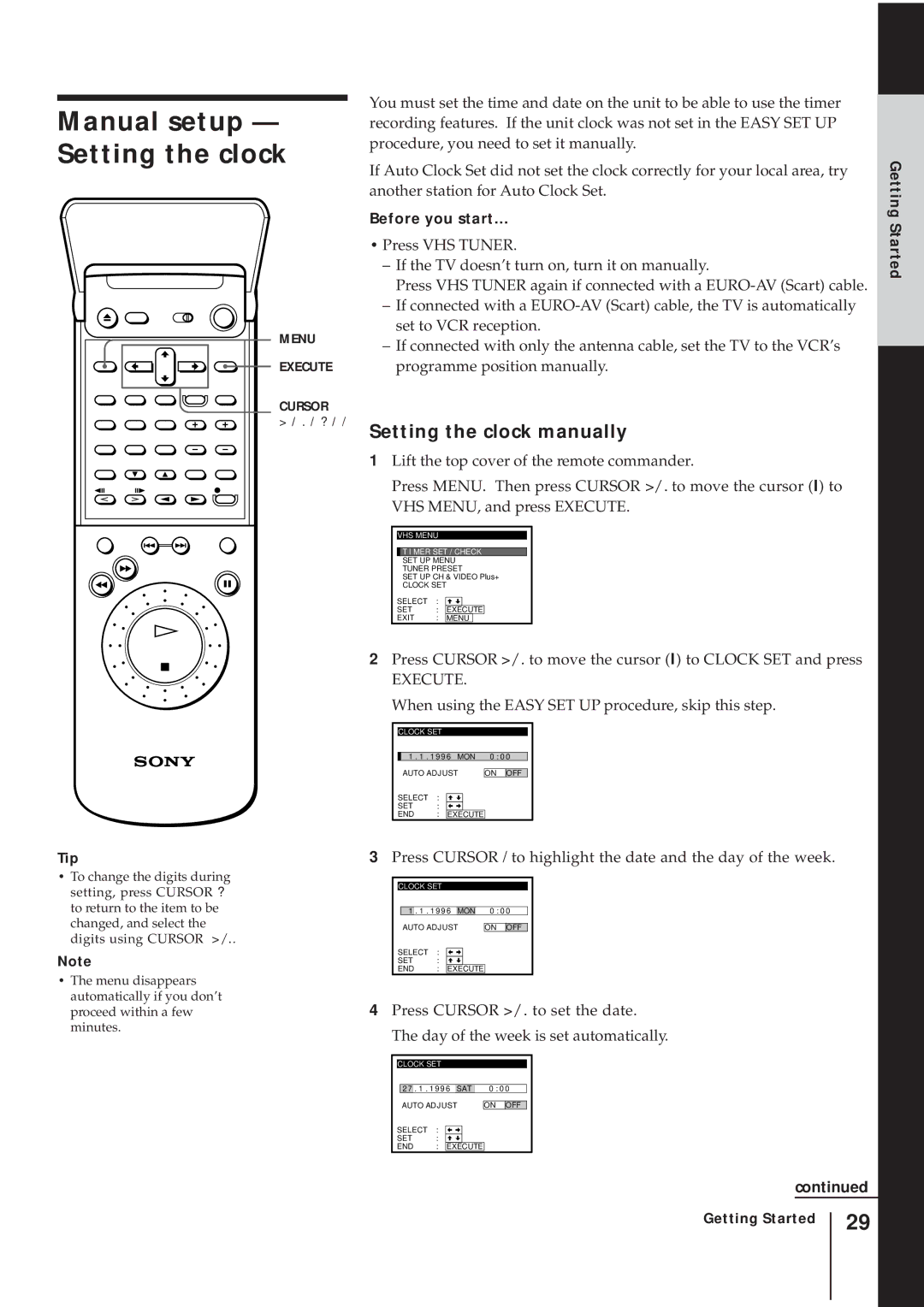 Sony SLV-AV100UX operating instructions Manual setup Setting the clock, Setting the clock manually 