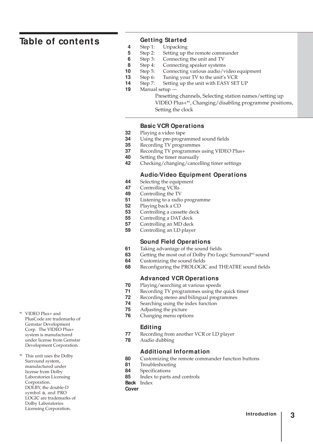 Sony SLV-AV100UX operating instructions Table of contents 