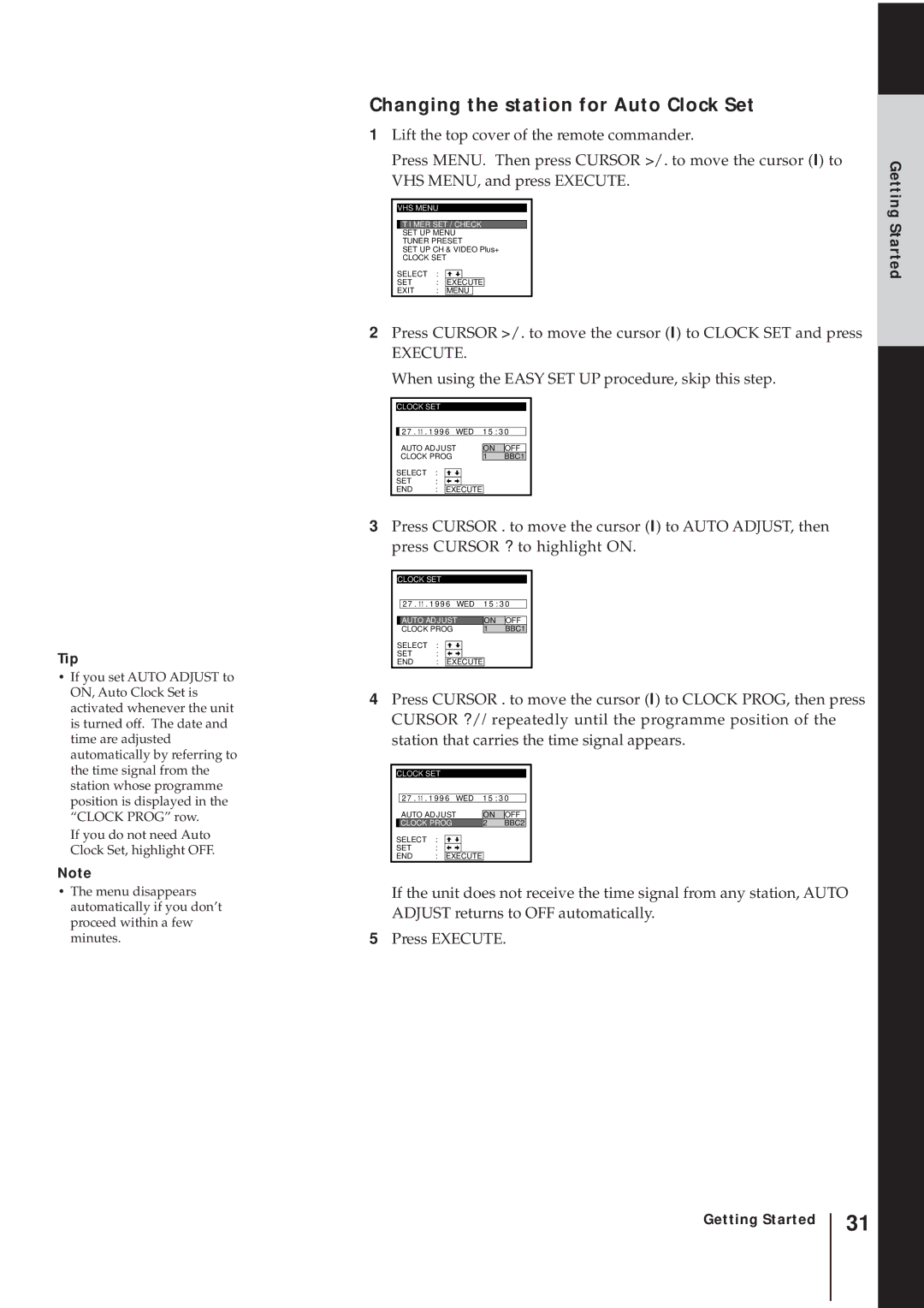 Sony SLV-AV100UX operating instructions Changing the station for Auto Clock Set 