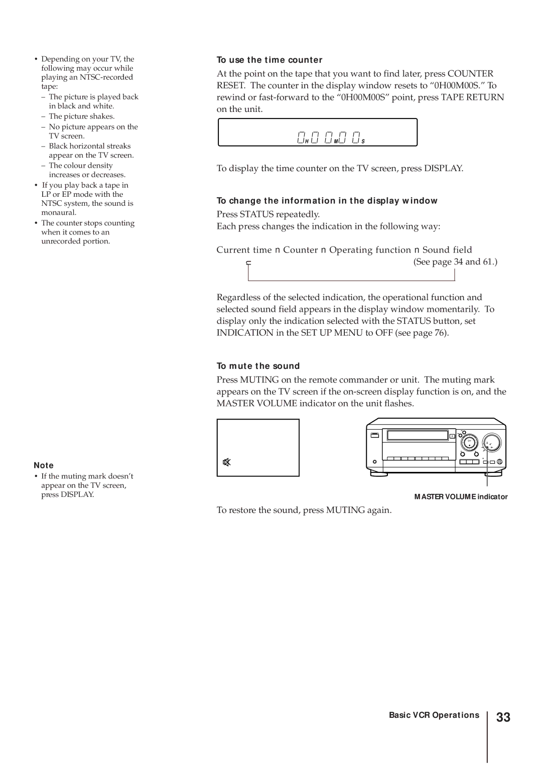 Sony SLV-AV100UX To use the time counter, To change the information in the display window, To mute the sound 