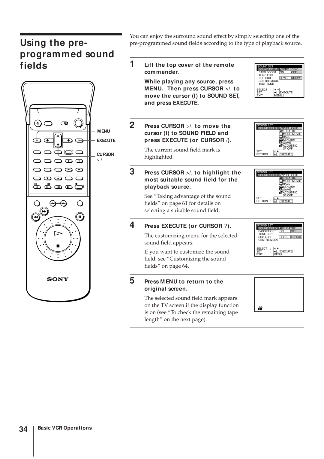 Sony SLV-AV100UX operating instructions Using the pre- programmed sound, Fields 