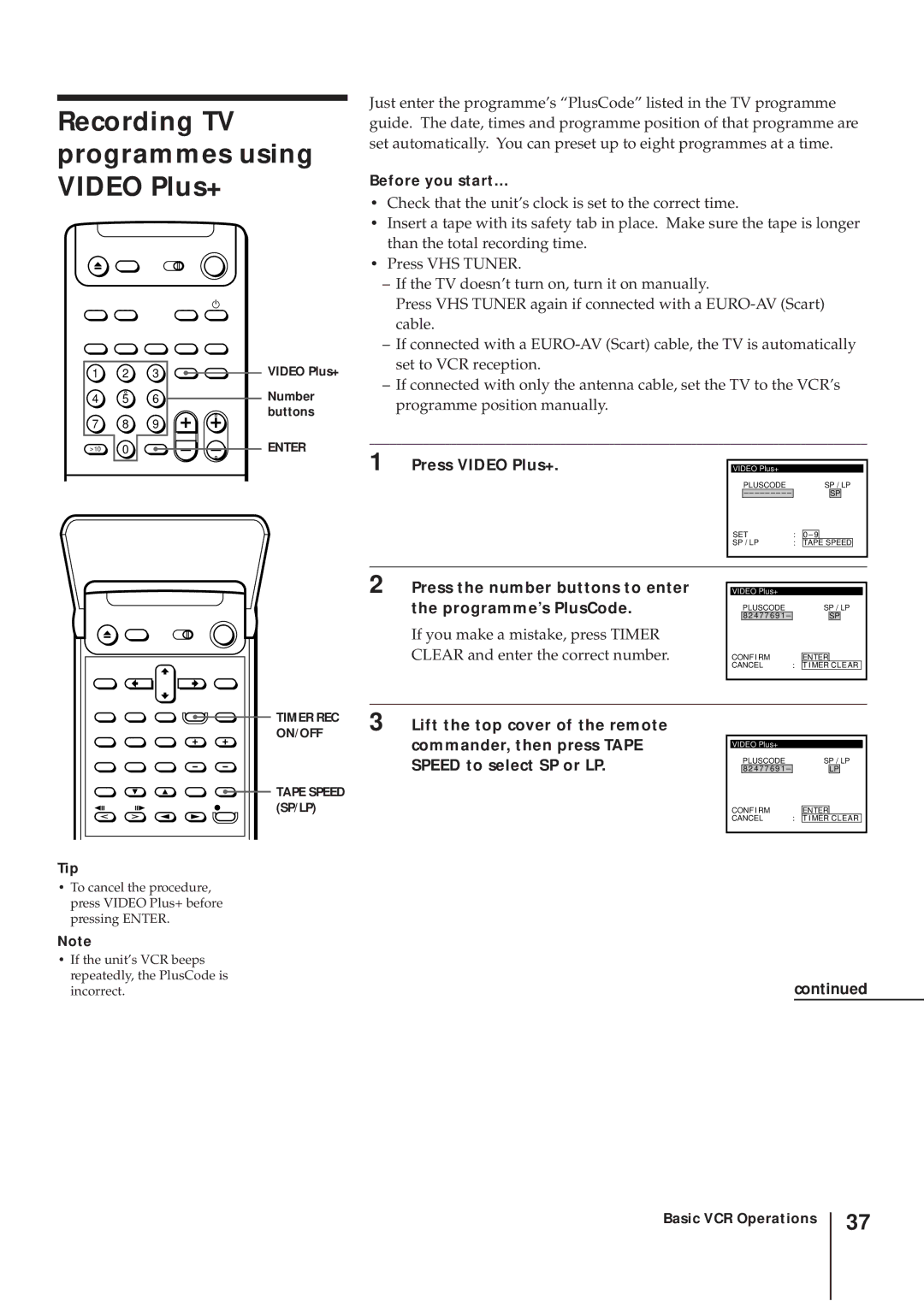 Sony SLV-AV100UX operating instructions Recording TV programmes using Video Plus+ 