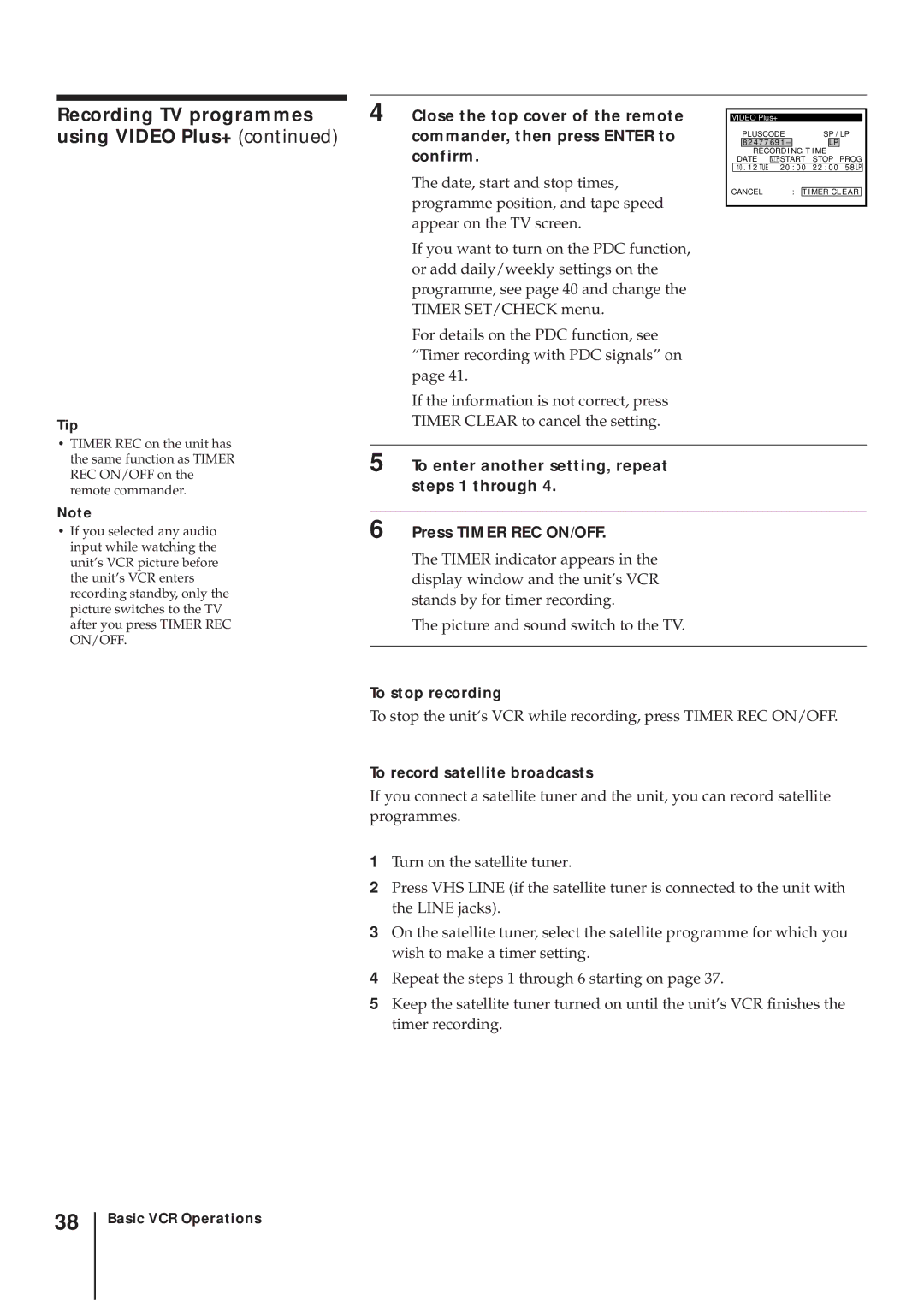 Sony SLV-AV100UX operating instructions Recording TV programmes using Video Plus+, To record satellite broadcasts 