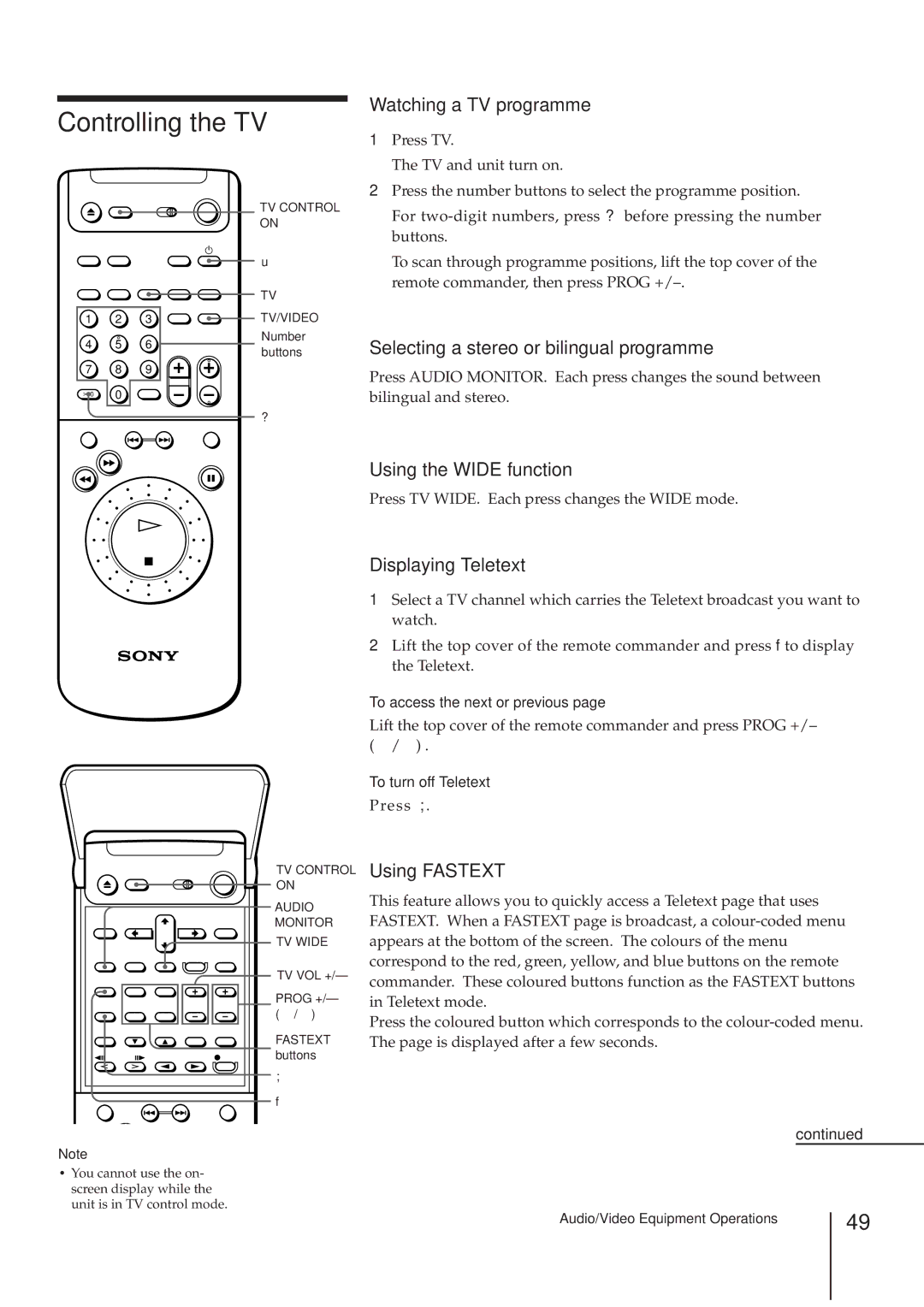 Sony SLV-AV100UX operating instructions Controlling the TV 