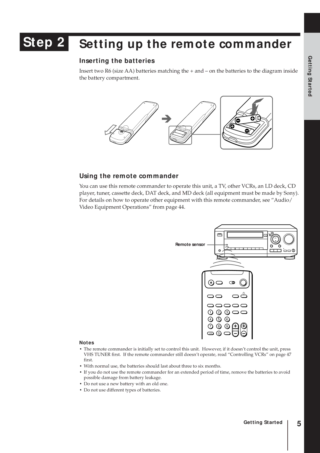 Sony SLV-AV100UX operating instructions Inserting the batteries, Using the remote commander, Getting Started 