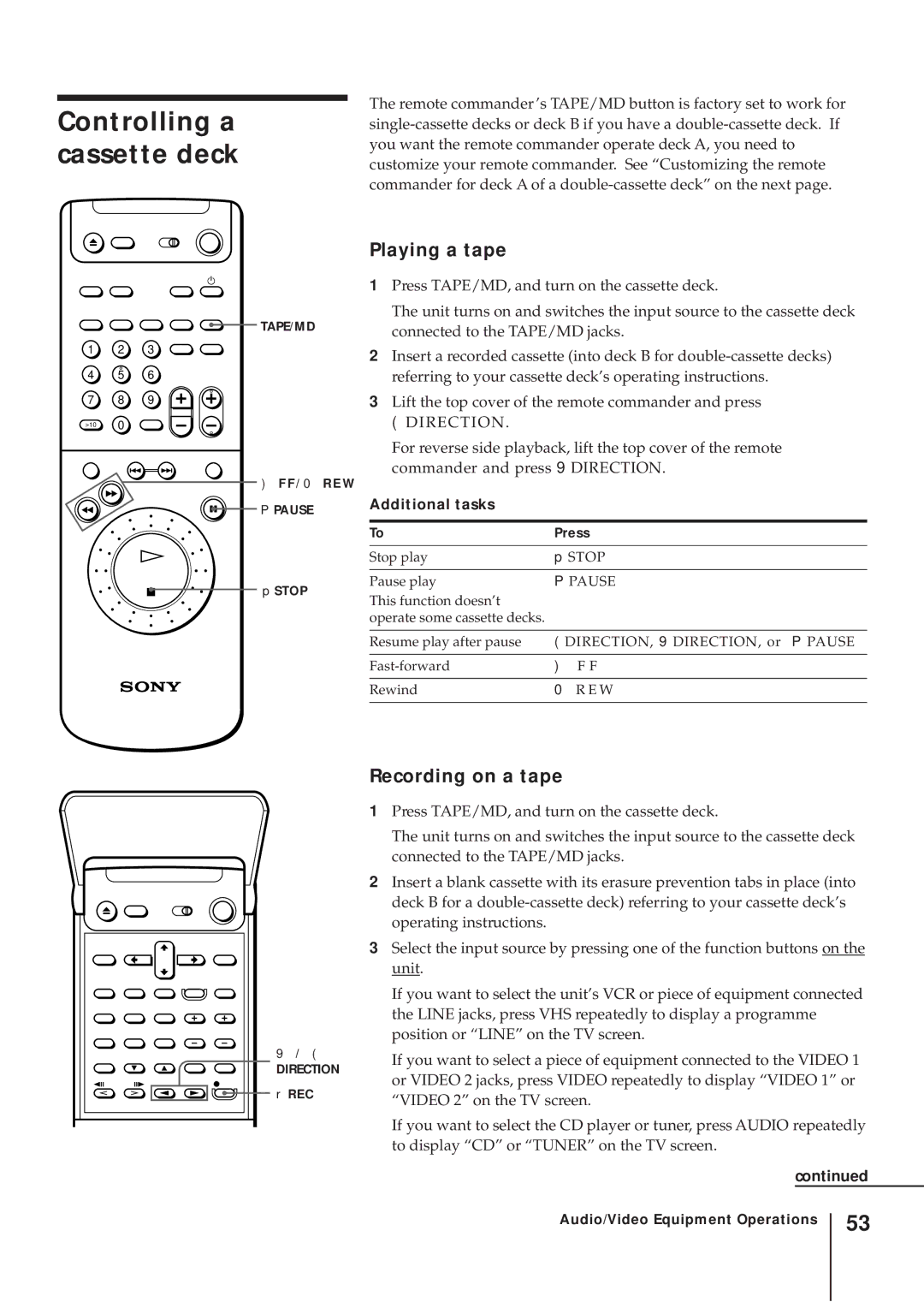 Sony SLV-AV100UX operating instructions Controlling a cassette deck, Playing a tape, Recording on a tape 