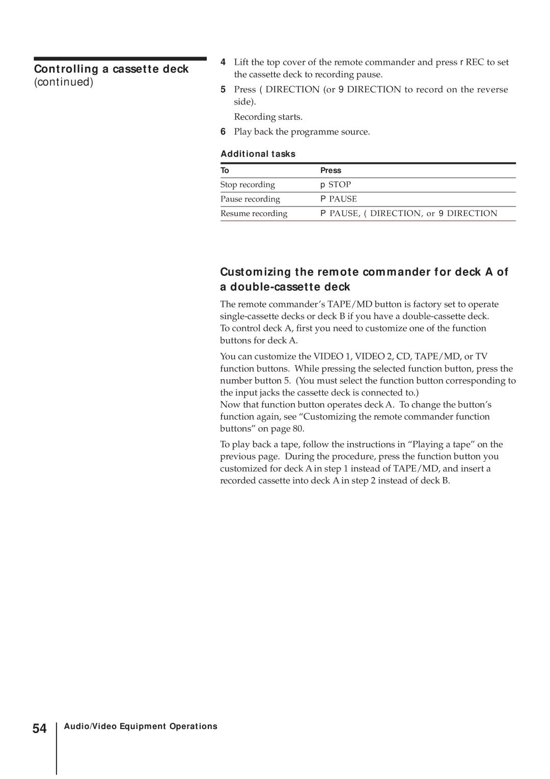 Sony SLV-AV100UX operating instructions Controlling a cassette deck 