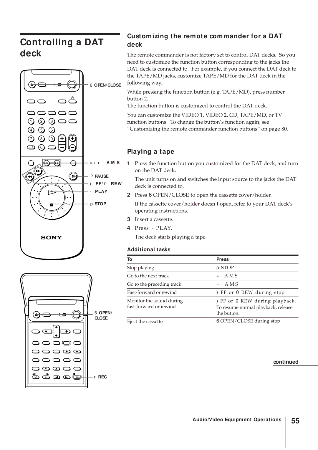 Sony SLV-AV100UX operating instructions Controlling a DAT deck, Customizing the remote commander for a DAT deck 