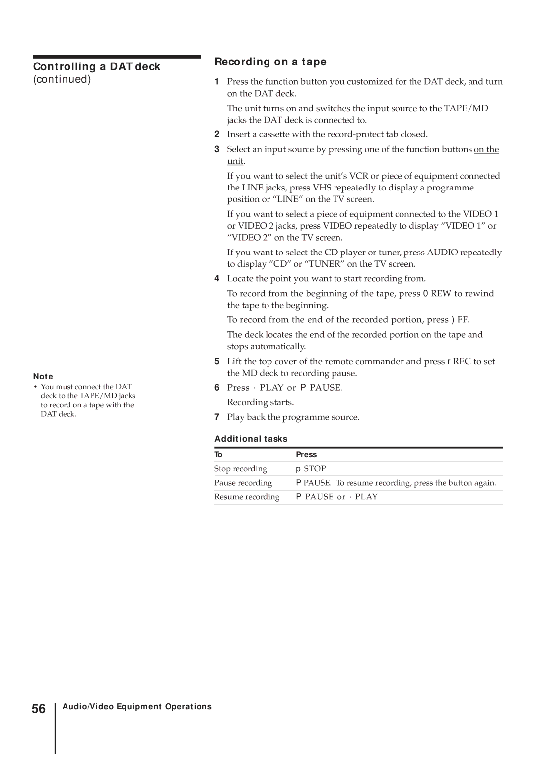 Sony SLV-AV100UX operating instructions Controlling a DAT deck, Recording on a tape 