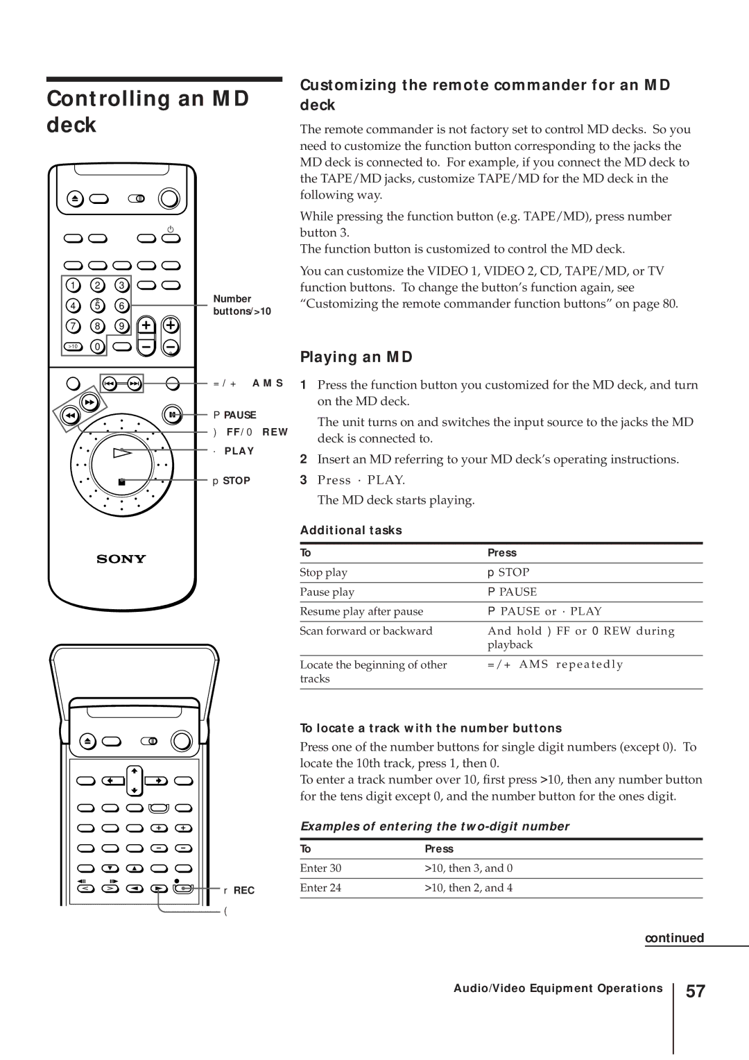 Sony SLV-AV100UX Controlling an MD deck, Customizing the remote commander for an MD deck, Playing an MD 