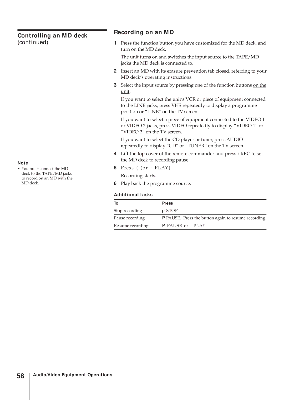 Sony SLV-AV100UX operating instructions Controlling an MD deck, Recording on an MD 