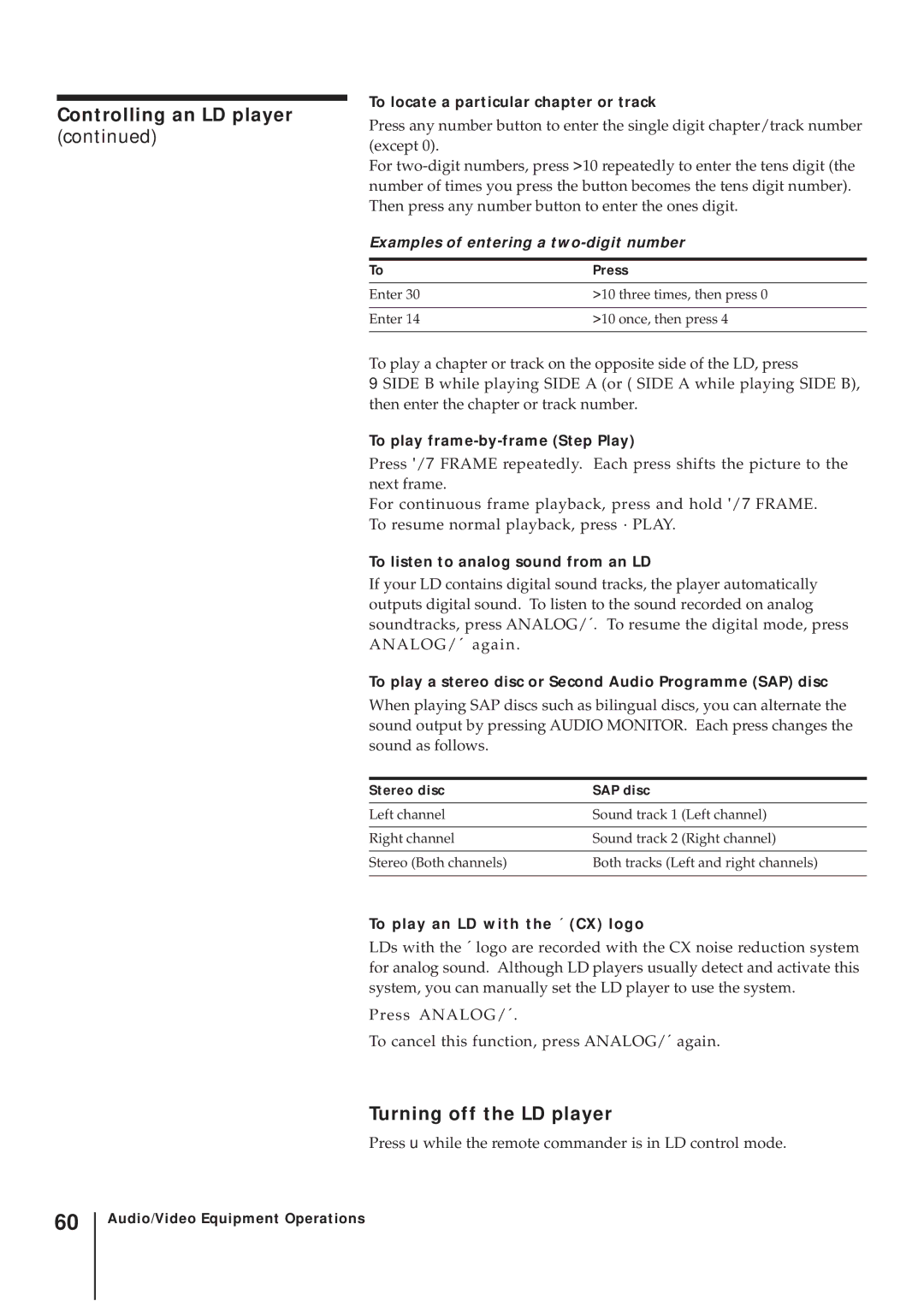 Sony SLV-AV100UX operating instructions Controlling an LD player, Turning off the LD player 