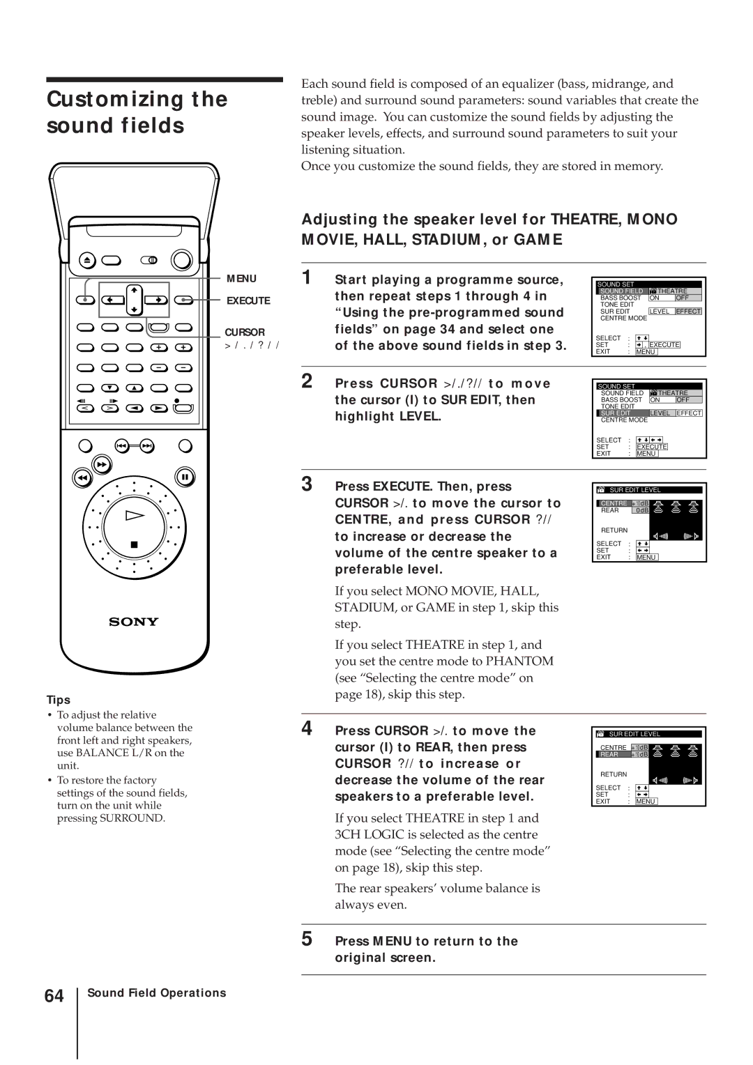 Sony SLV-AV100UX operating instructions Customizing the sound fields 