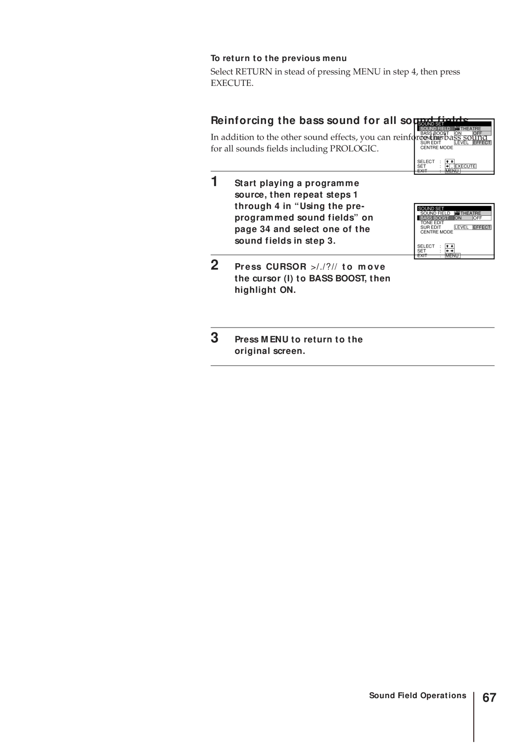 Sony SLV-AV100UX Reinforcing the bass sound for all sound fields, Source, then repeat steps Through 4 in Using the pre 