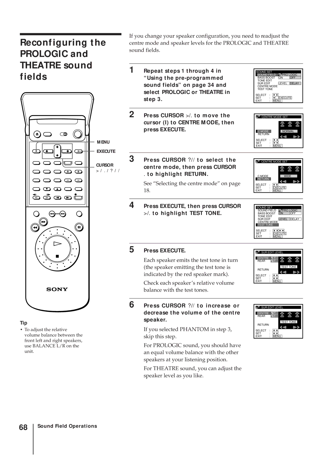 Sony SLV-AV100UX operating instructions Reconfiguring the Prologic and Theatre sound fields 