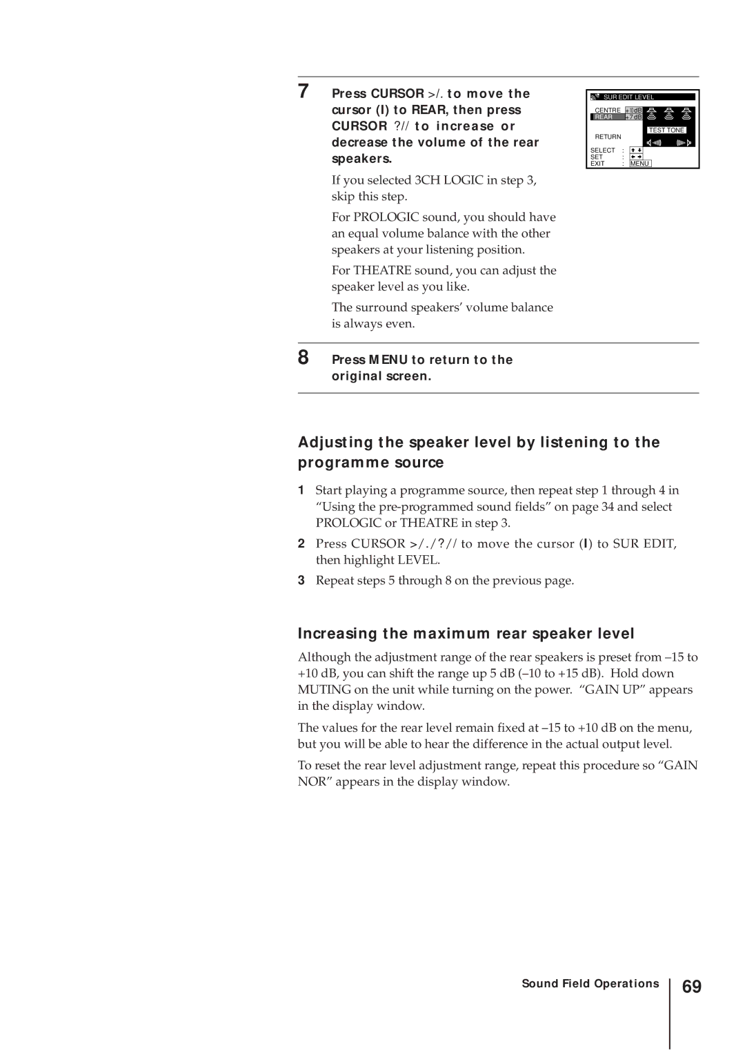 Sony SLV-AV100UX operating instructions Increasing the maximum rear speaker level 