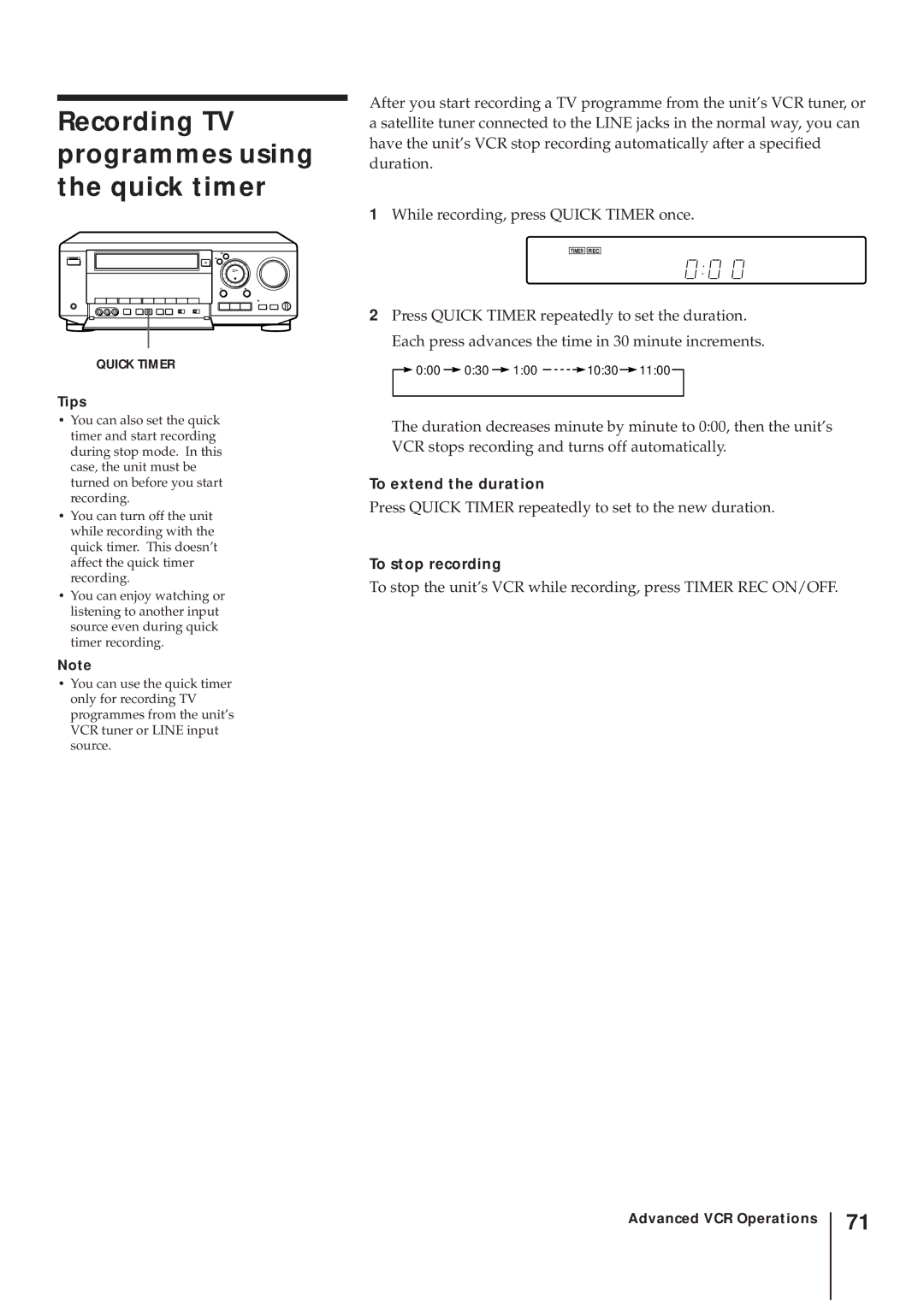 Sony SLV-AV100UX operating instructions Recording TV programmes using the quick timer, To extend the duration 