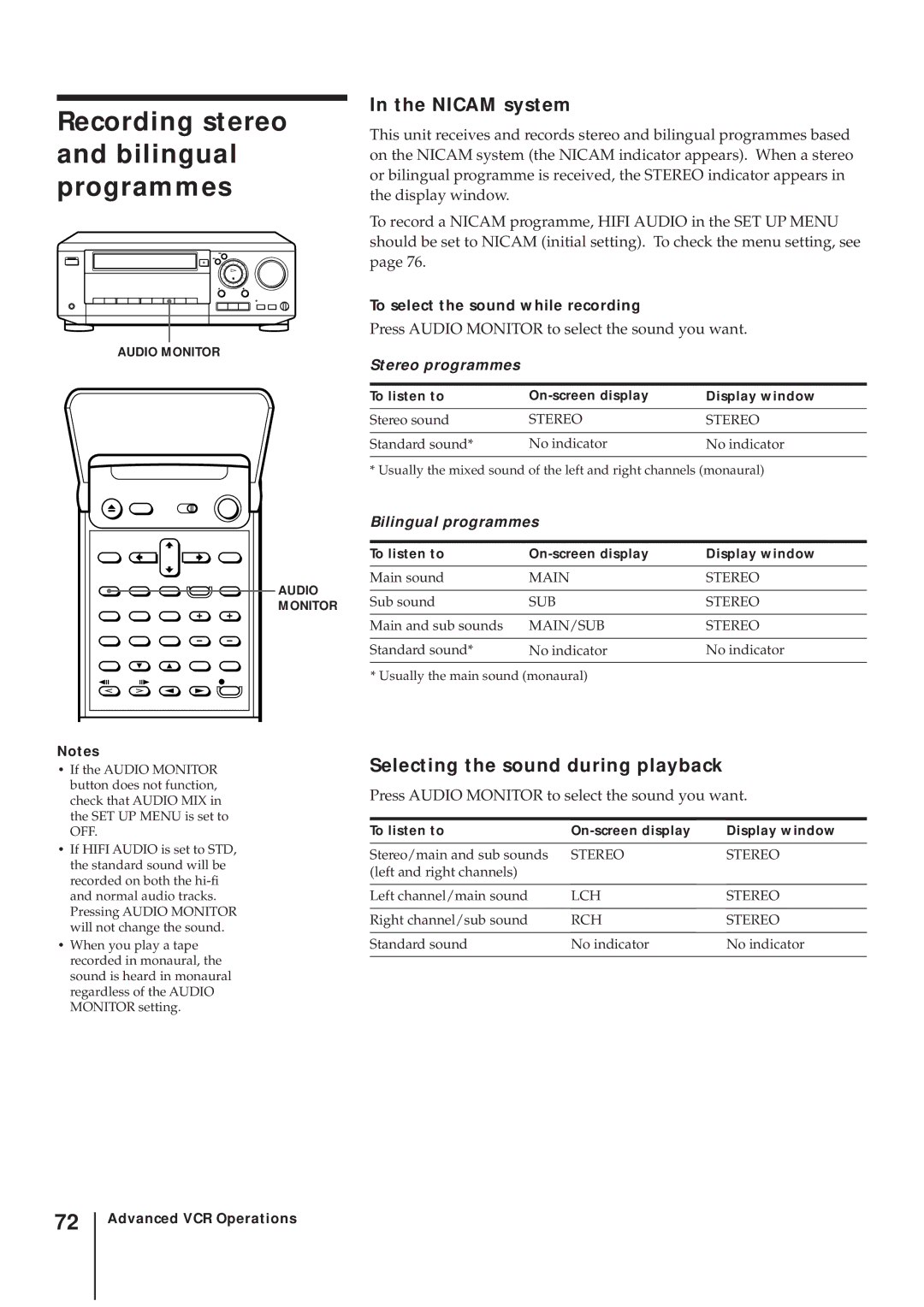 Sony SLV-AV100UX Recording stereo and bilingual programmes, Nicam system, To select the sound while recording 