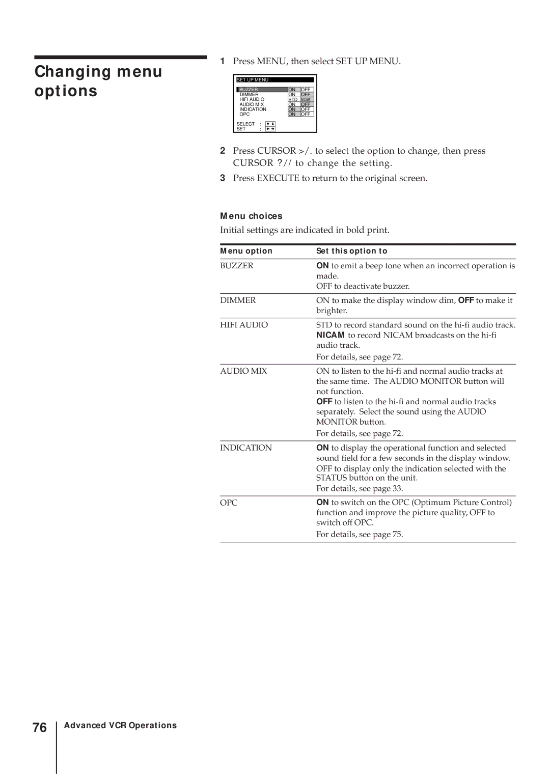 Sony SLV-AV100UX operating instructions Changing menu options, Menu choices 