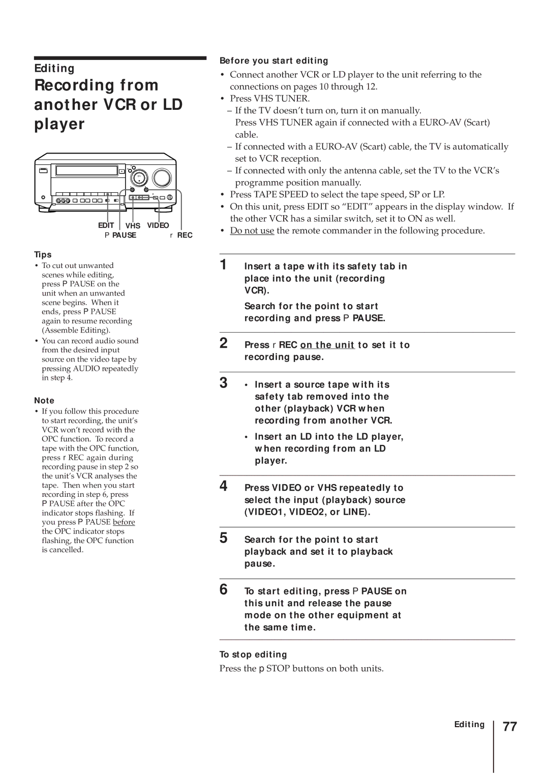 Sony SLV-AV100UX operating instructions Recording from another VCR or LD player, Editing, Before you start editing 