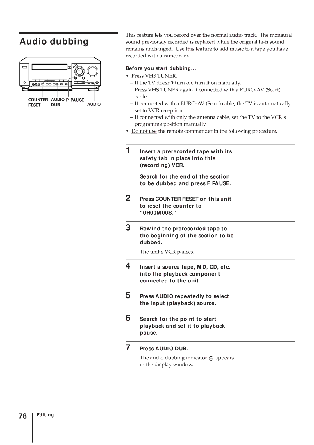 Sony SLV-AV100UX operating instructions Audio dubbing, Before you start dubbing… 