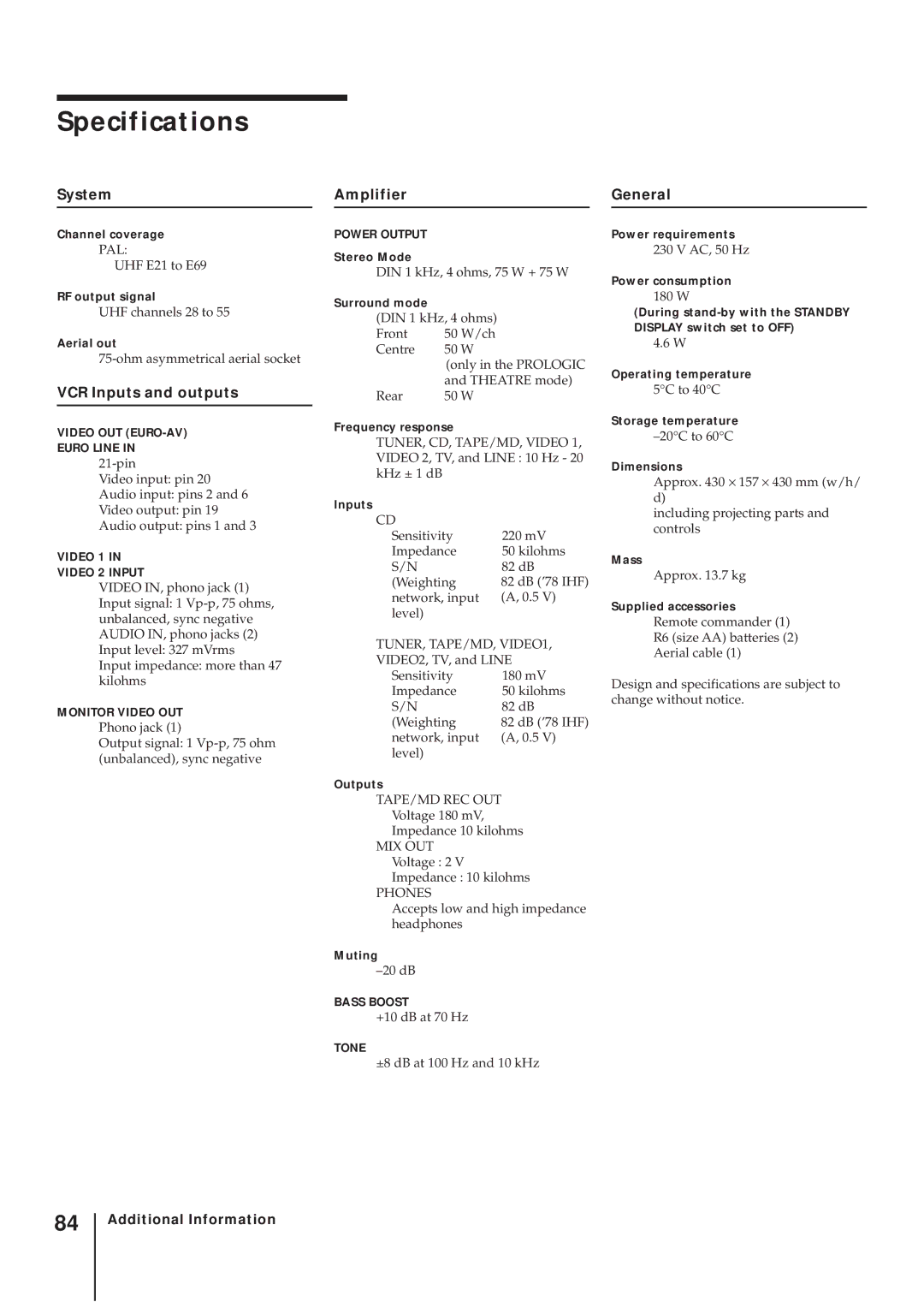 Sony SLV-AV100UX operating instructions Specifications, System Amplifier General, VCR Inputs and outputs 