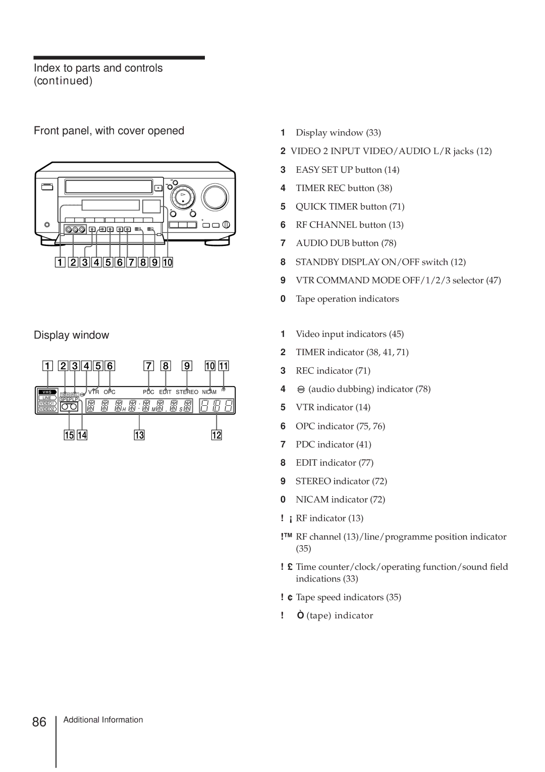 Sony SLV-AV100UX operating instructions Front panel, with cover opened Display window 