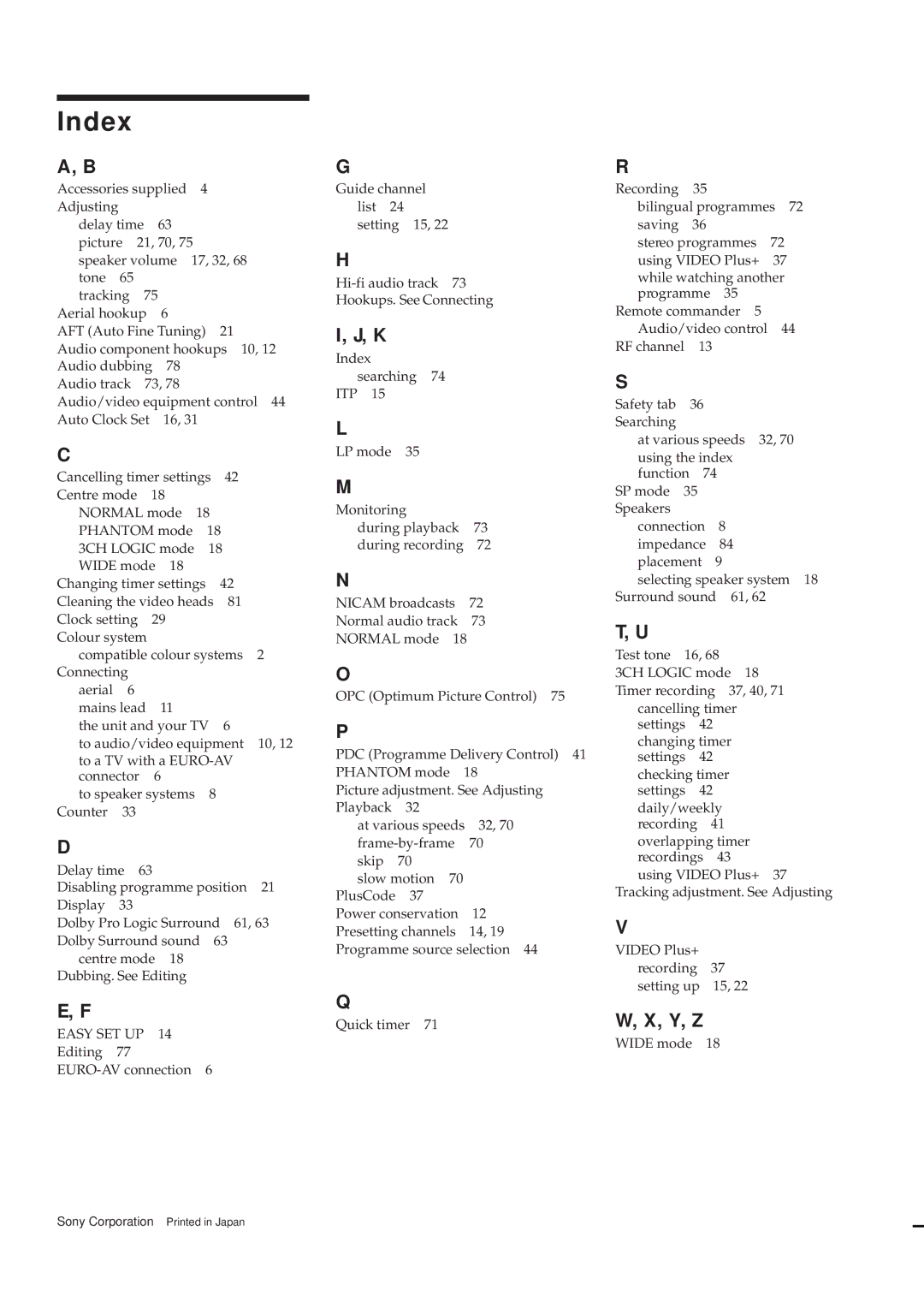 Sony SLV-AV100UX operating instructions Index, Y, Z 