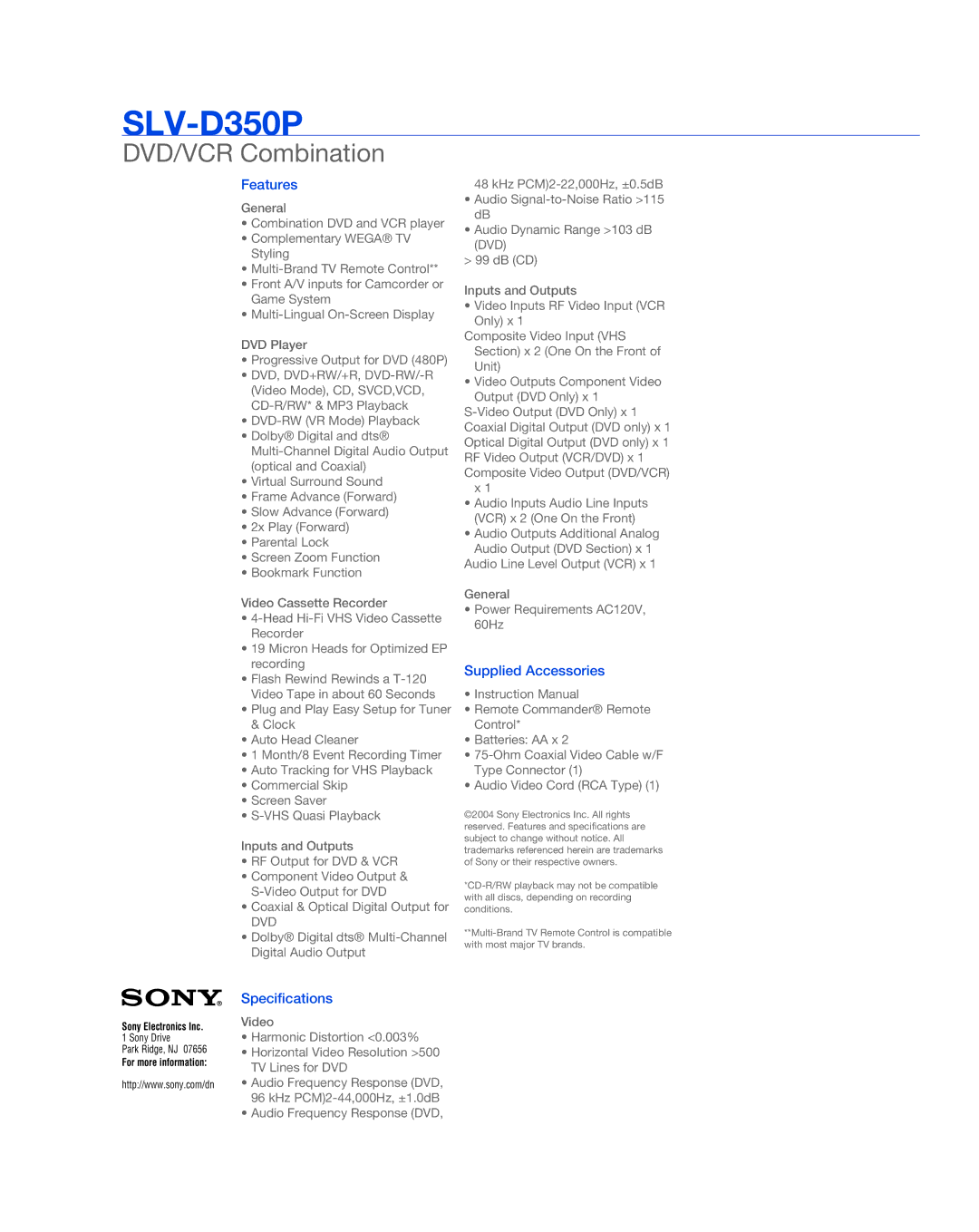 Sony SLV-D350P manual Features, Specifications, Supplied Accessories 