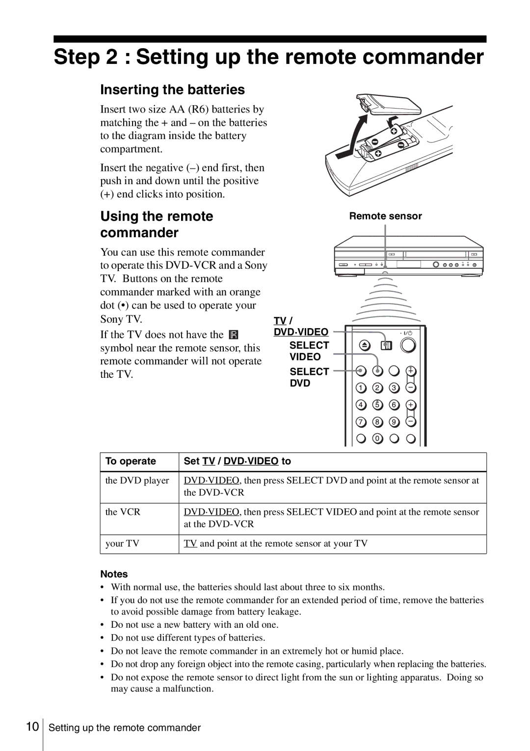 Sony SLV-D360P, SLV-D560P Setting up the remote commander, Inserting the batteries, Using the remote commander 