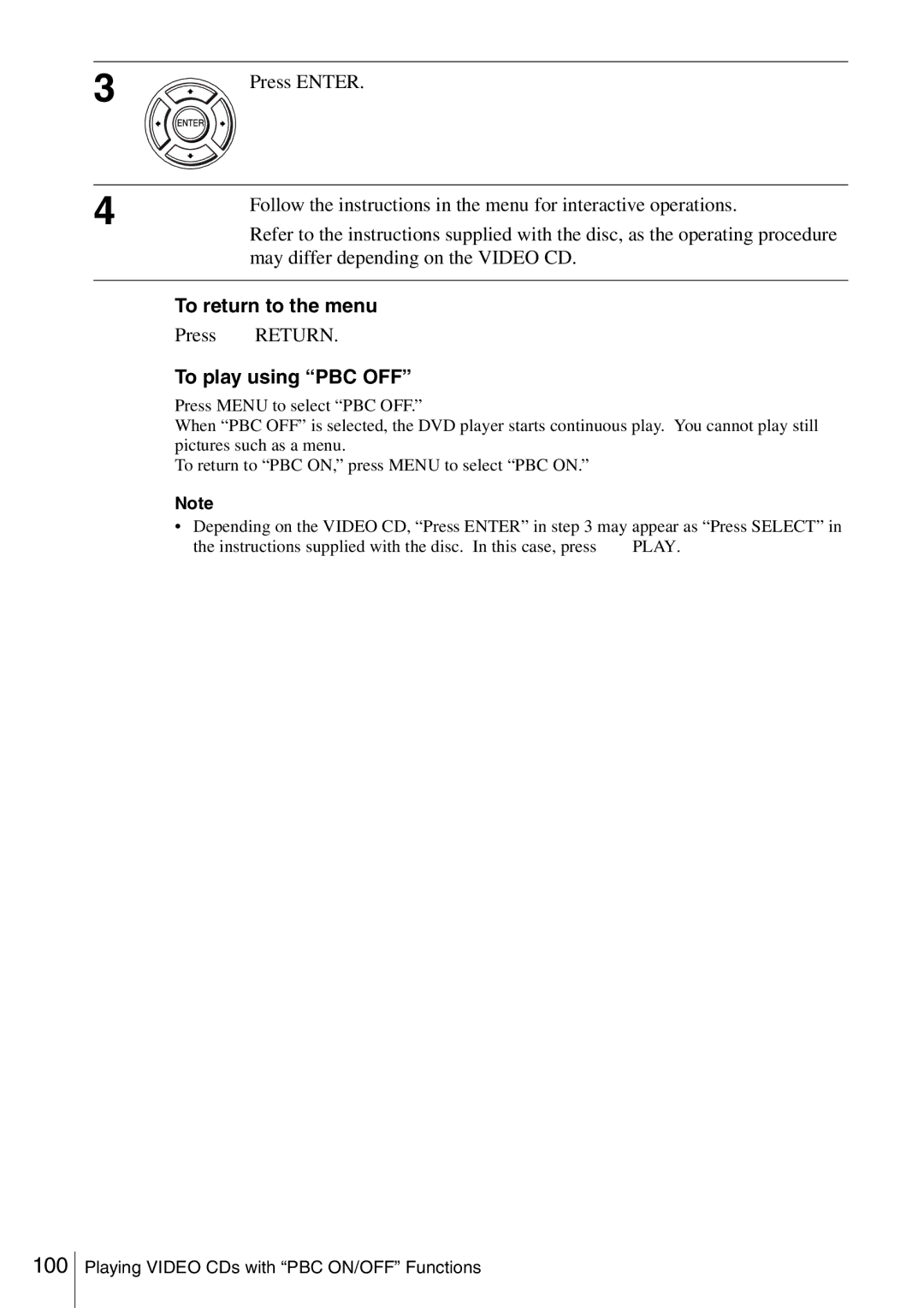 Sony SLV-D360P, SLV-D560P May differ depending on the Video CD, To return to the menu, To play using PBC OFF 