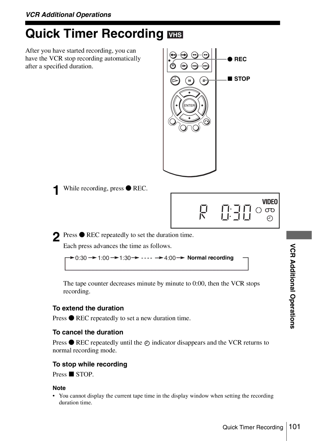 Sony SLV-D560P, SLV-D360P Quick Timer Recording, To extend the duration, To cancel the duration, To stop while recording 