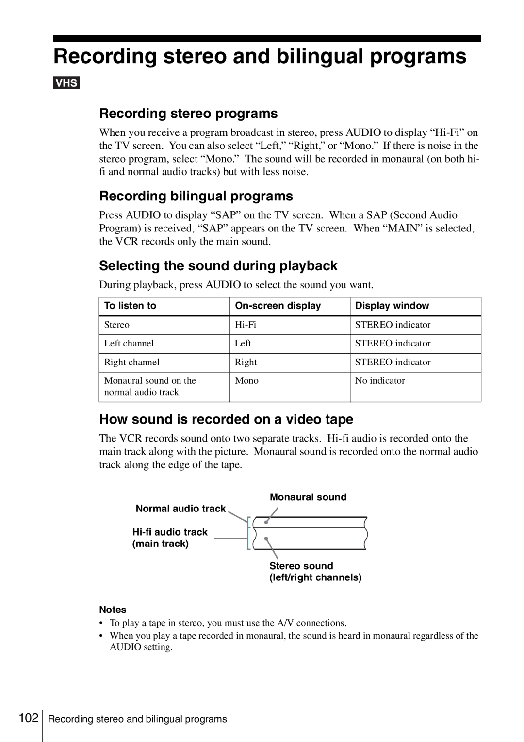 Sony SLV-D360P, SLV-D560P Recording stereo and bilingual programs, Recording stereo programs, Recording bilingual programs 