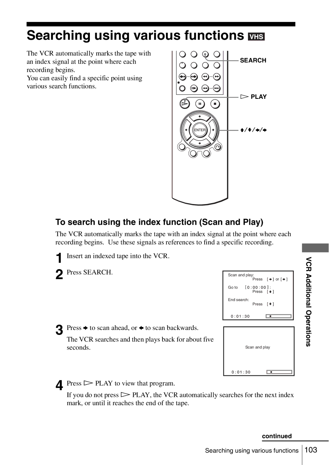 Sony SLV-D560P Searching using various functions, To search using the index function Scan and Play, VCR Additional 