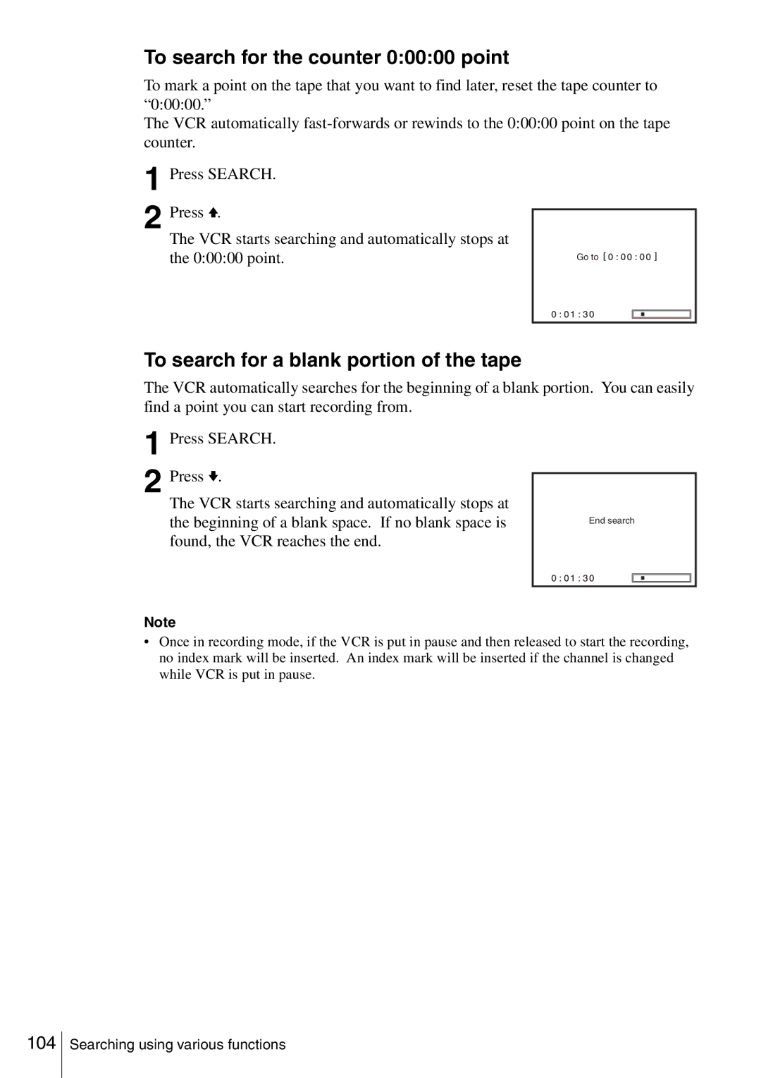 Sony SLV-D360P, SLV-D560P To search for the counter 00000 point, To search for a blank portion of the tape 