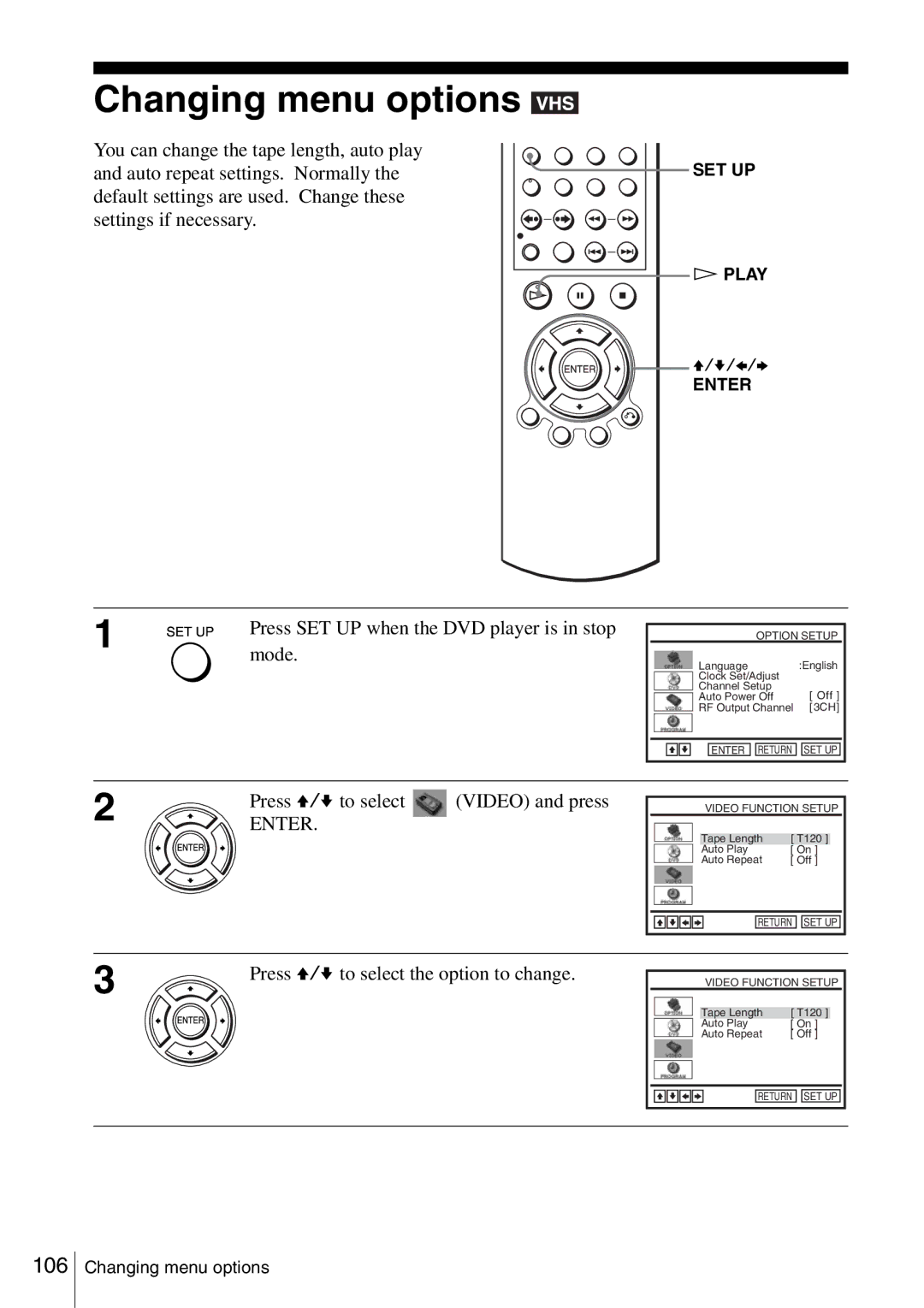 Sony SLV-D360P, SLV-D560P operating instructions Changing menu options, Press SET UP when the DVD player is in stop mode 