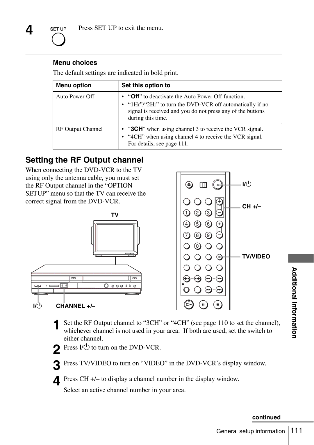 Sony SLV-D560P, SLV-D360P operating instructions Setting the RF Output channel, Information, ?/1 Channel +, Ch + 