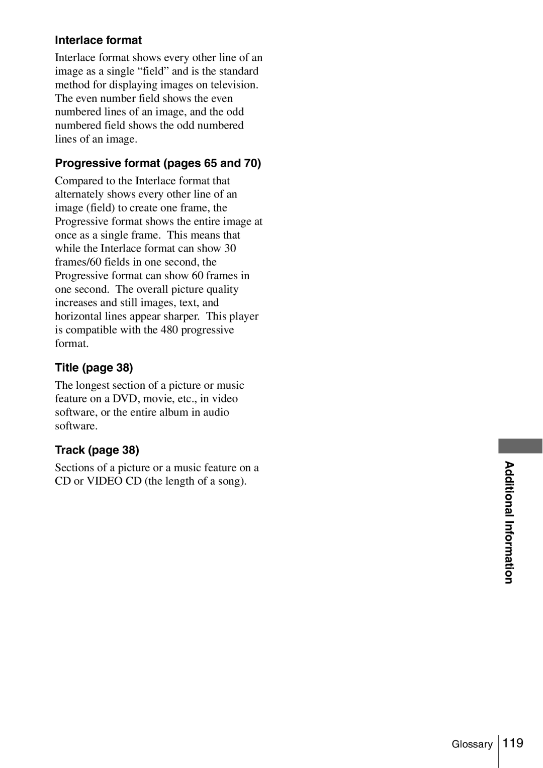 Sony SLV-D560P, SLV-D360P operating instructions Interlace format, Progressive format pages 65, Title, Track 