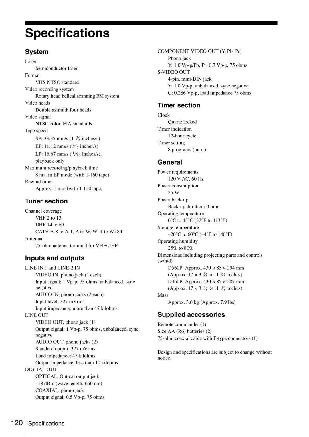 Sony SLV-D360P, SLV-D560P operating instructions Specifications 