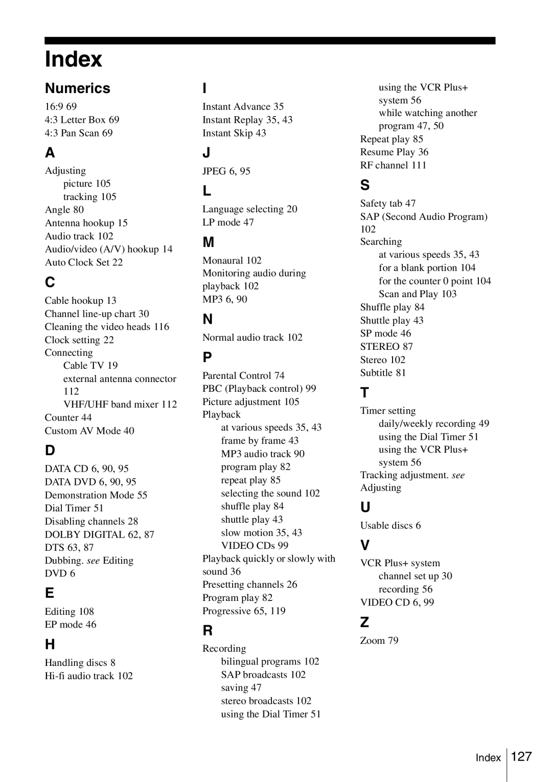 Sony SLV-D560P, SLV-D360P operating instructions Index, Numerics 