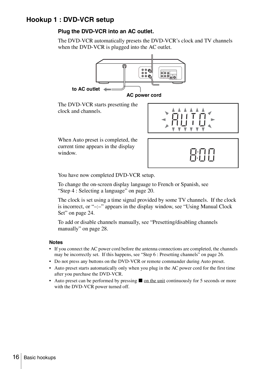 Sony SLV-D360P, SLV-D560P Hookup 1 DVD-VCR setup, Plug the DVD-VCR into an AC outlet, To AC outlet AC power cord 