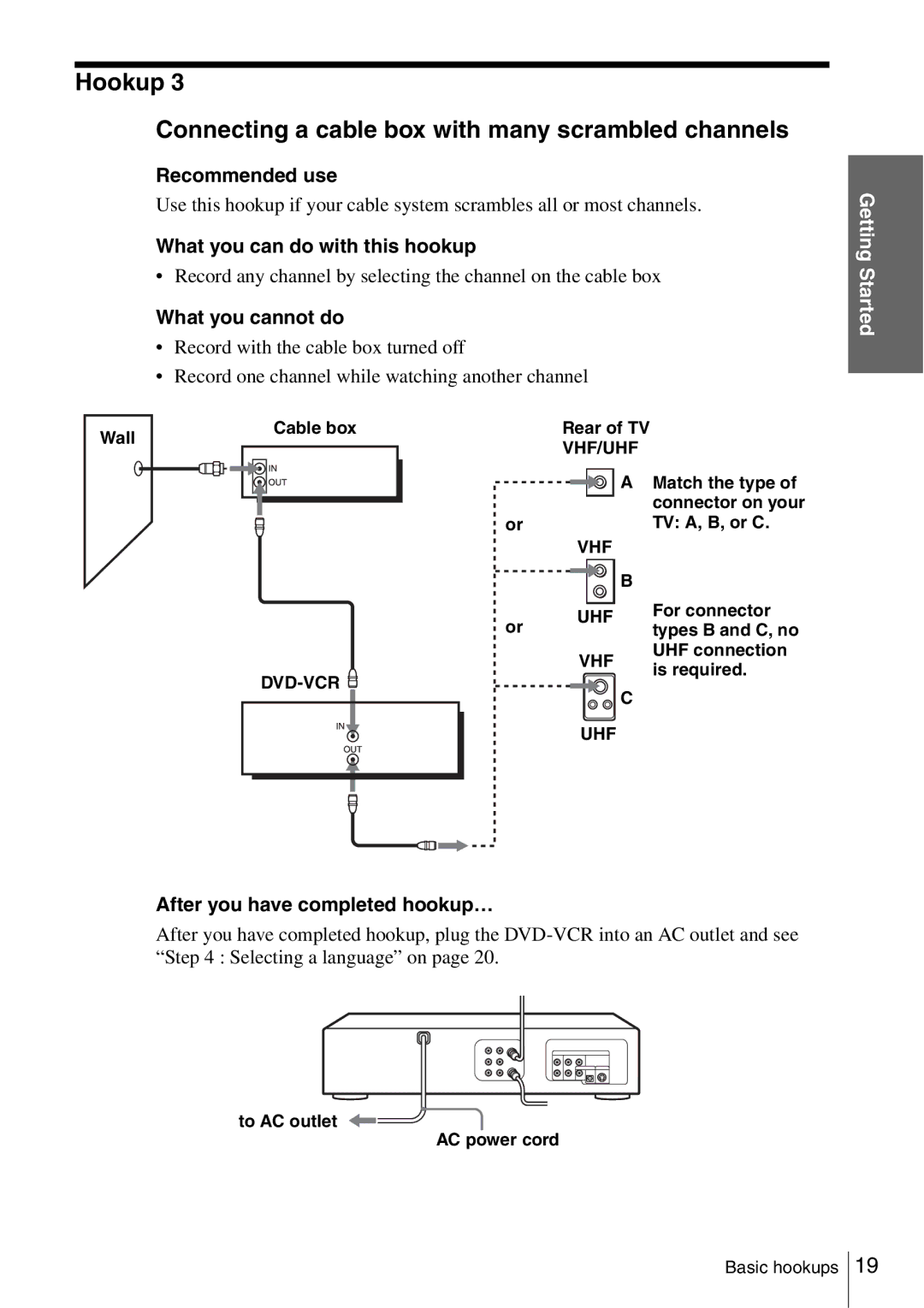 Sony SLV-D560P Hookup Connecting a cable box with many scrambled channels, After you have completed hookup…, For connector 